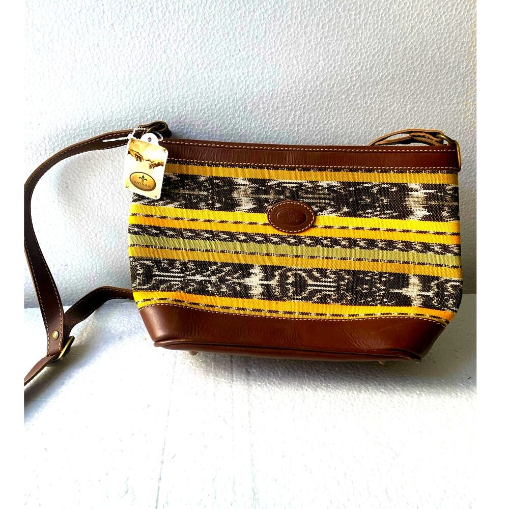 Antigua brand woven and leather shoulder bag canvas body and brown leather trim